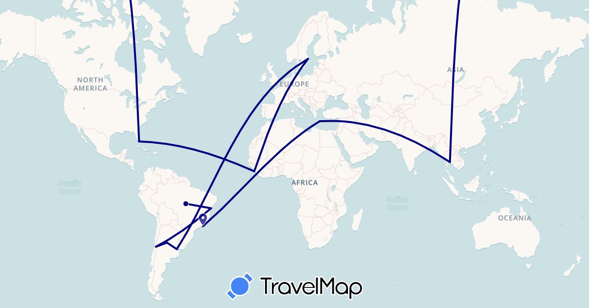 TravelMap itinerary: driving in Argentina, Brazil, Chile, Greece, Sweden, Sierra Leone, Thailand, United States (Africa, Asia, Europe, North America, South America)